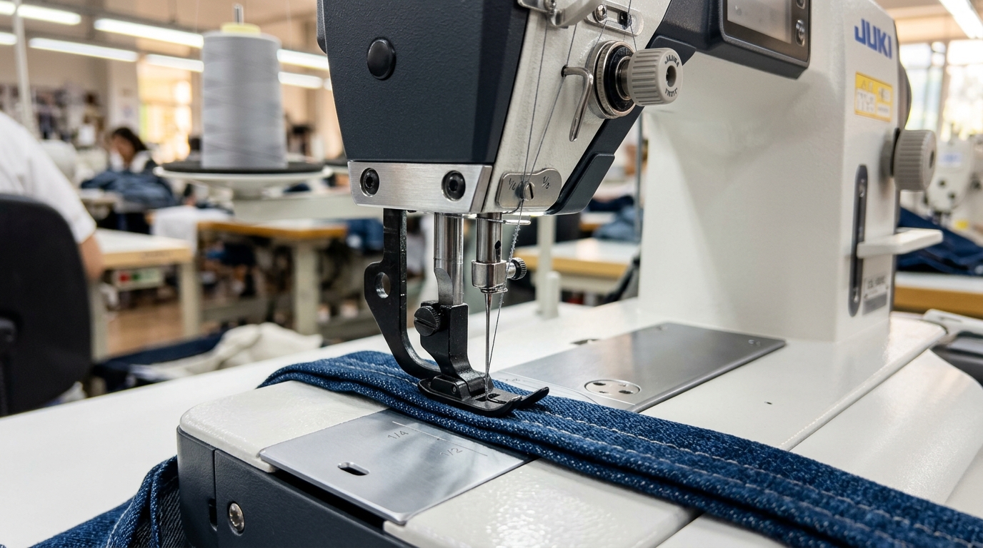 Garment production machinery at the DISTRICT 88 manufacturing facility in China